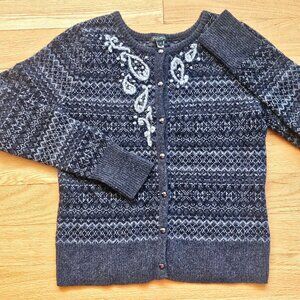 Eddie Bauer Womens Grey Fair Isle Lambs Wool Cashmere Cardigan Sweater Beaded M